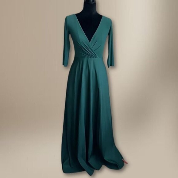 Alfred Sung Wrap Style Gown Long Sleeve V Neck Jersey Mikado Hunter Green W 2 - Picture 2 of 2